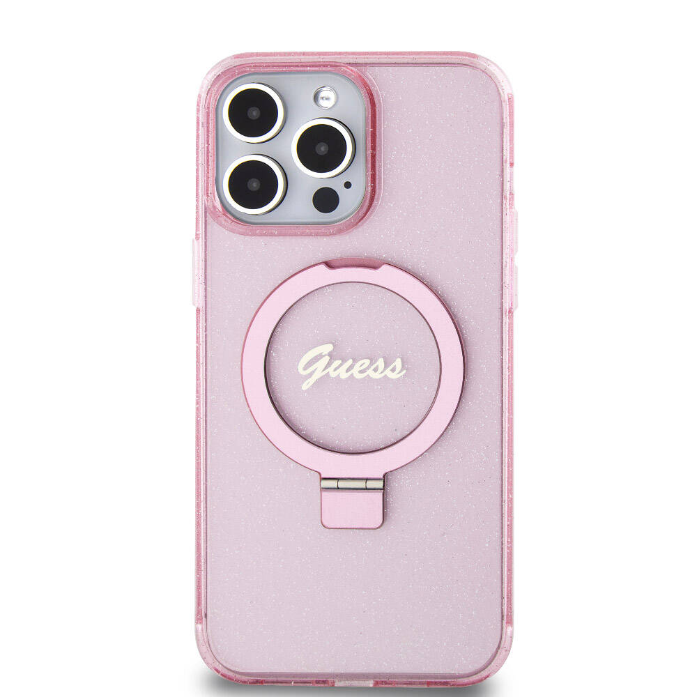 Apple iPhone 15 Pro Max Case Guess Original Licensed M-safe Charging Feature Glitter Back Surface Ring Stand Cover Black