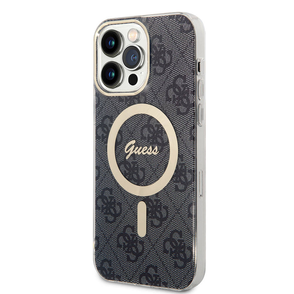 Apple iPhone 15 Pro Max Case Guess Original Licensed M-safe Charging Feature 4G Patterned Cover with Text Logo Brown