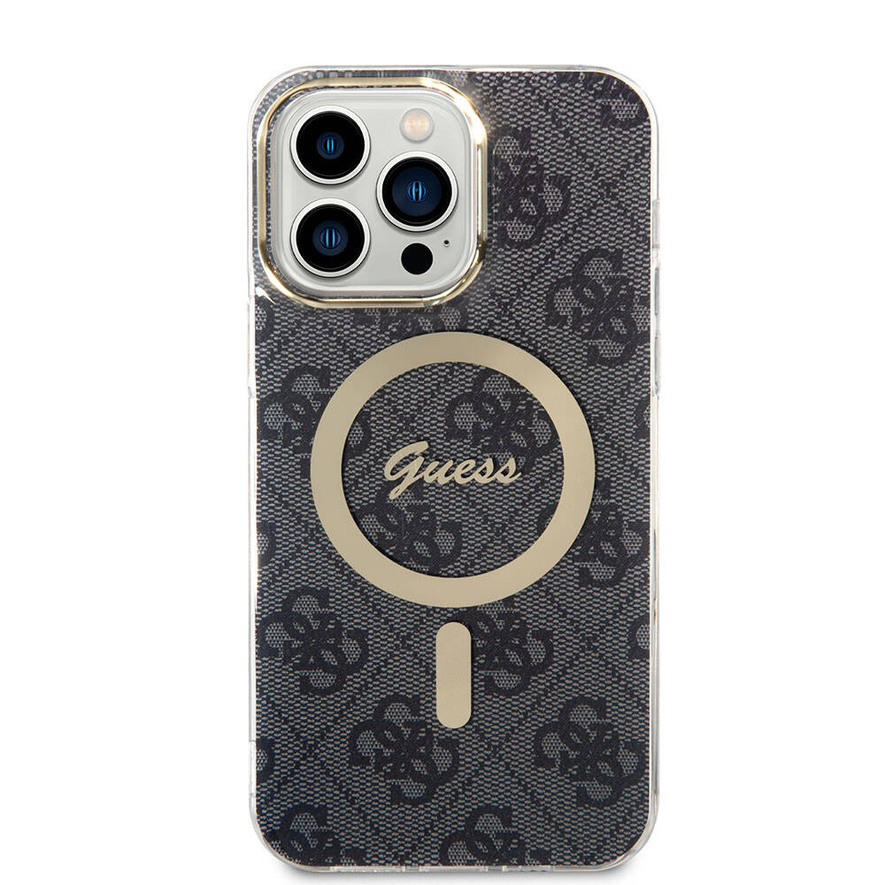 Apple iPhone 15 Pro Max Case Guess Original Licensed M-safe Charging Feature 4G Patterned Cover with Text Logo Brown