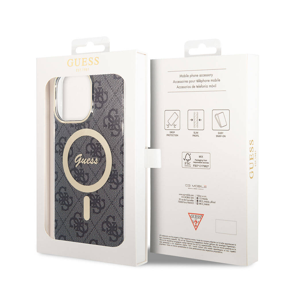 Apple iPhone 15 Pro Max Case Guess Original Licensed M-safe Charging Feature 4G Patterned Cover with Text Logo Brown
