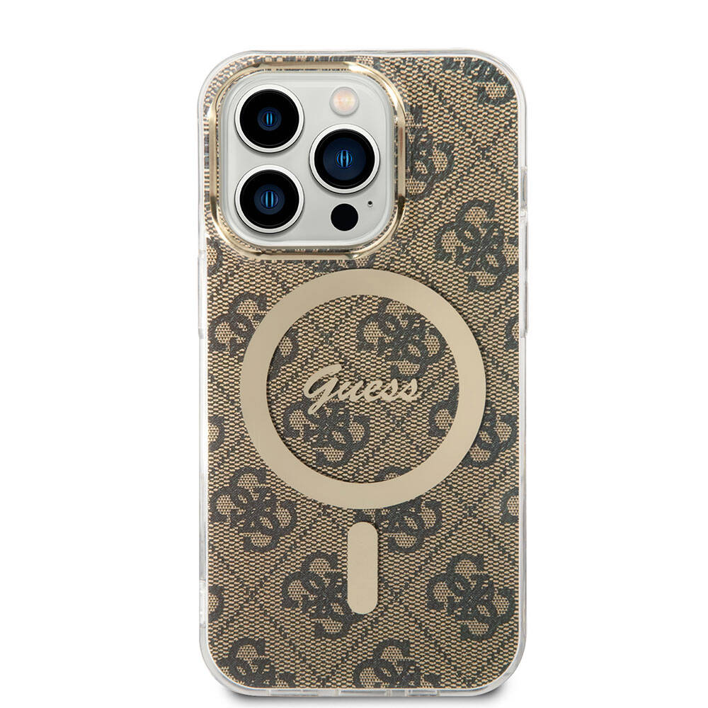 Apple iPhone 15 Pro Max Case Guess Original Licensed M-safe Charging Feature 4G Patterned Cover with Text Logo Brown