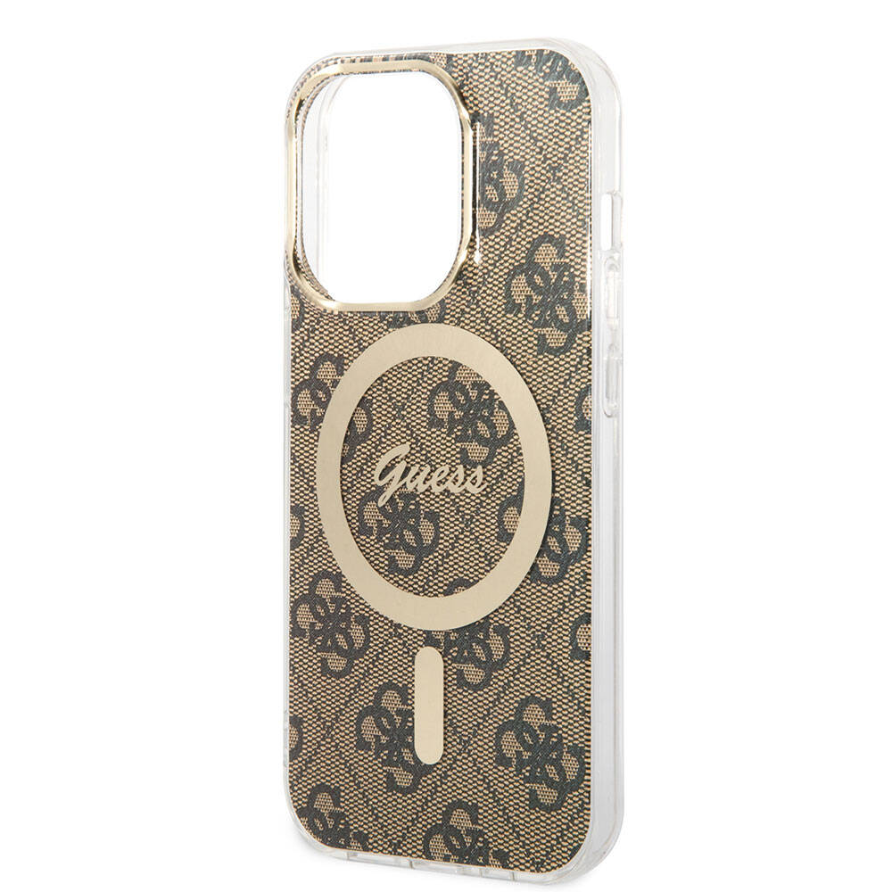 Apple iPhone 15 Pro Max Case Guess Original Licensed M-safe Charging Feature 4G Patterned Cover with Text Logo Brown