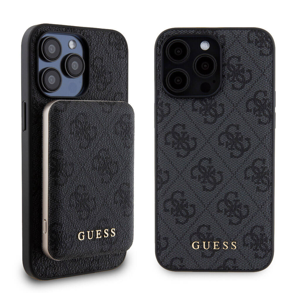 Apple iPhone 15 Pro Max Case Guess Original Licensed M-safe Charging Feature Text Logo 4G Patterned Cover + Powerbank 5000mAh 2in1 Set Black