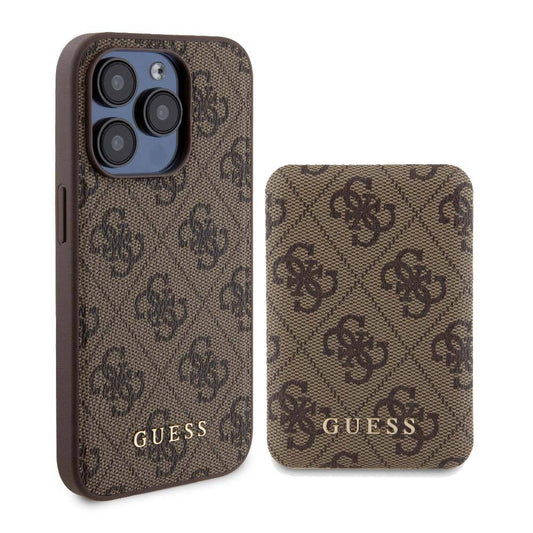 Apple iPhone 15 Pro Max Kılıf Guess Orjinal Lisanslı M-safe Şarj Özellikli Yazı Logolu 4G Desenli Kapak + Powerbank 5000mAh 2in1 Set Kahverengi