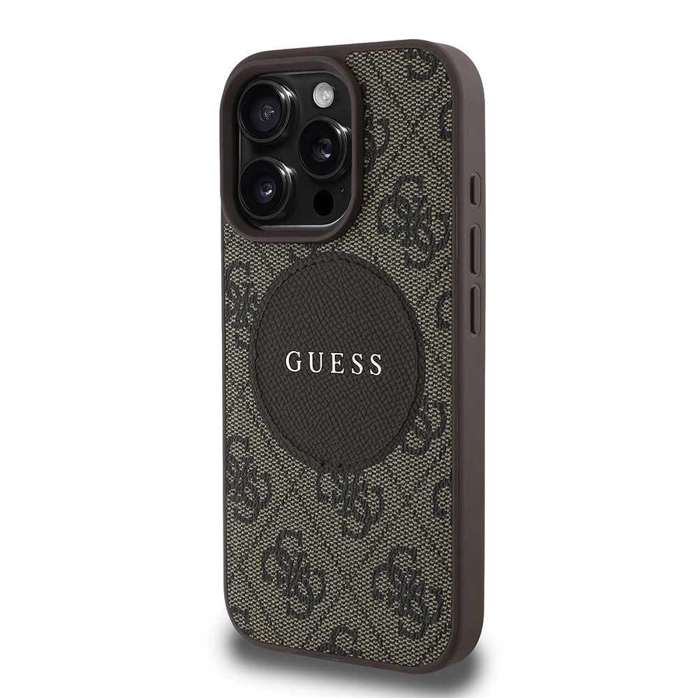 Apple iPhone 15 Pro Max Case Guess Original Licensed M-safe Charging Feature Circle Classic Cover Brown with Text Logo