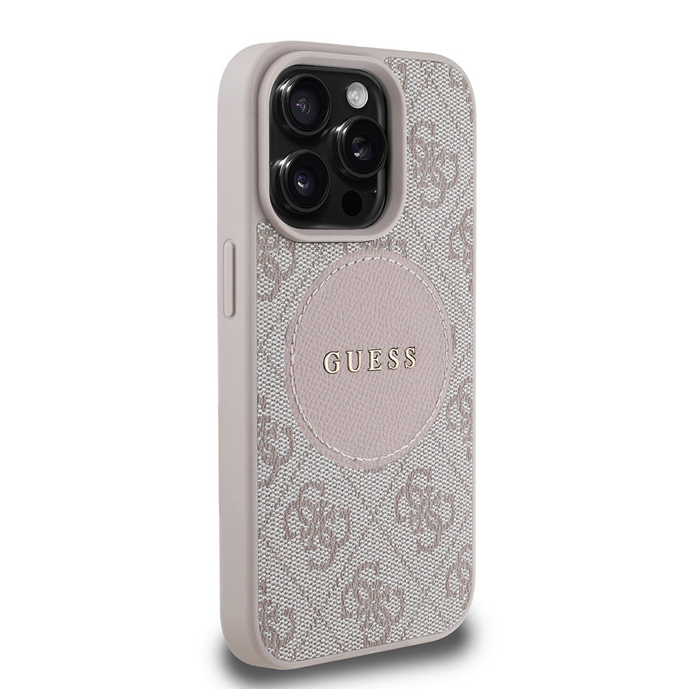 Apple iPhone 15 Pro Max Case Guess Original Licensed M-safe Charging Feature Circle Classic Cover Brown with Text Logo