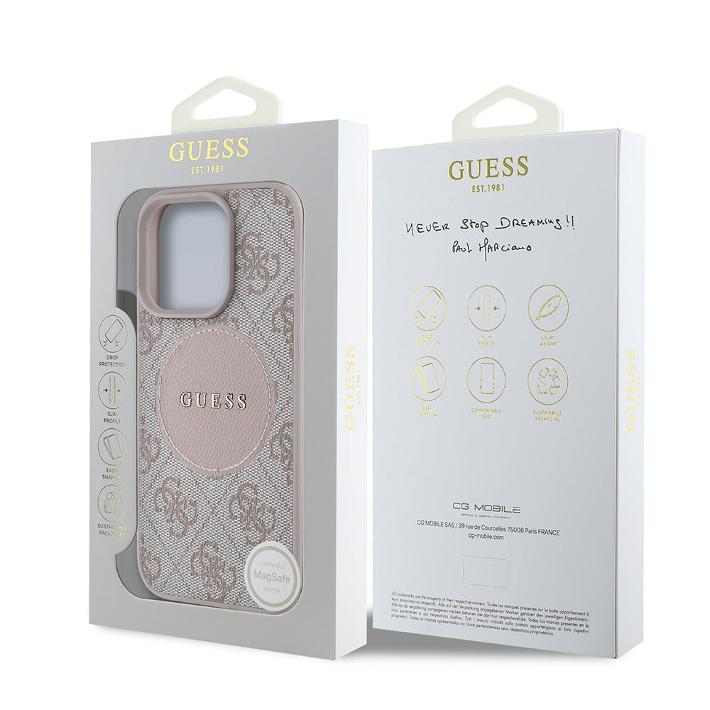Apple iPhone 15 Pro Max Case Guess Original Licensed M-safe Charging Feature Circle Classic Cover Brown with Text Logo