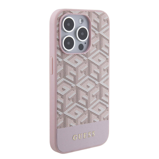 Apple iPhone 15 Pro Max Kılıf Guess Orjinal Lisanslı M-safe Şarj Özellikli Yazı Logolu GCube Desenli Kapak
