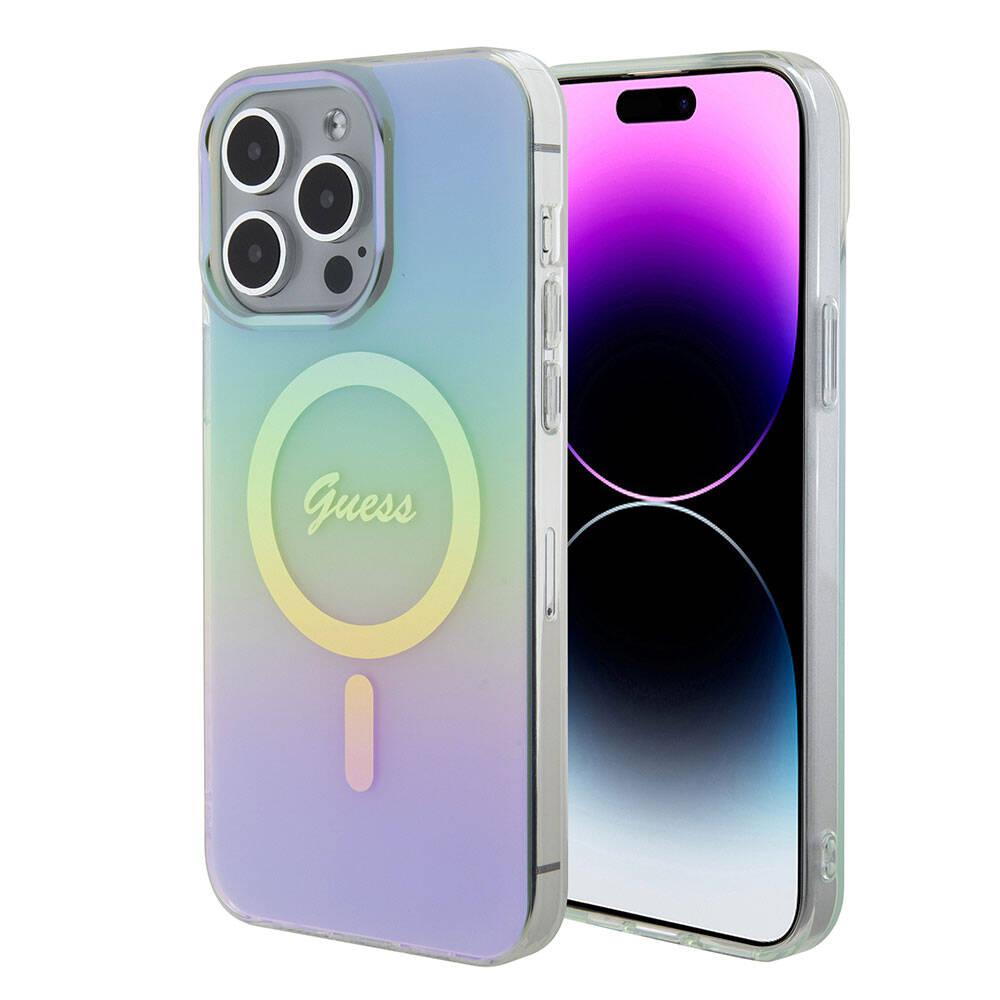 Apple iPhone 15 Pro Max Case Guess Original Licensed M-safe Charging Feature Iridescent Cover Purple with Text Logo