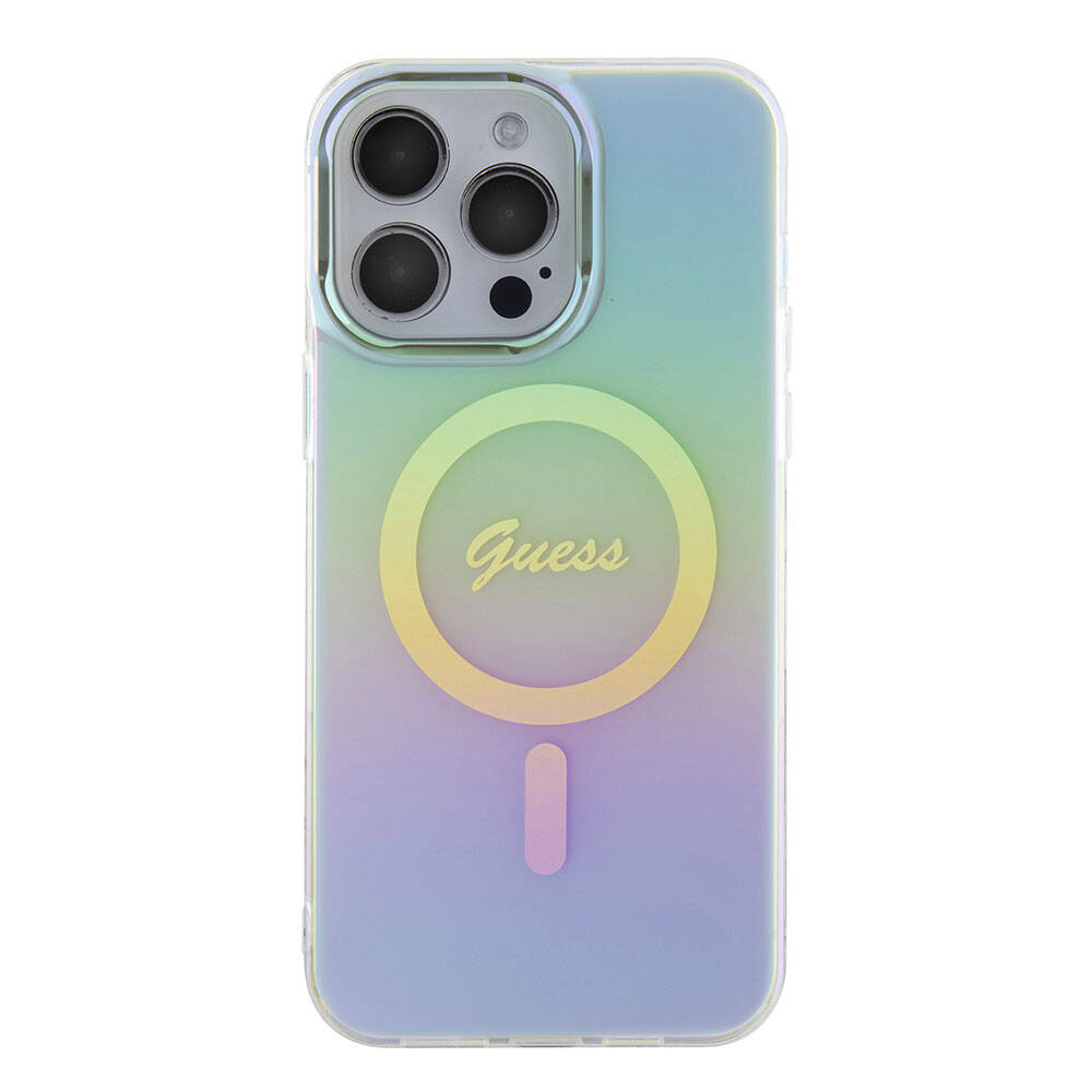 Apple iPhone 15 Pro Max Case Guess Original Licensed M-safe Charging Feature Iridescent Cover Purple with Text Logo