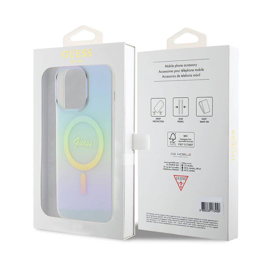 Apple iPhone 15 Pro Max Case Guess Original Licensed M-safe Charging Feature Iridescent Cover Turquoise with Text Logo