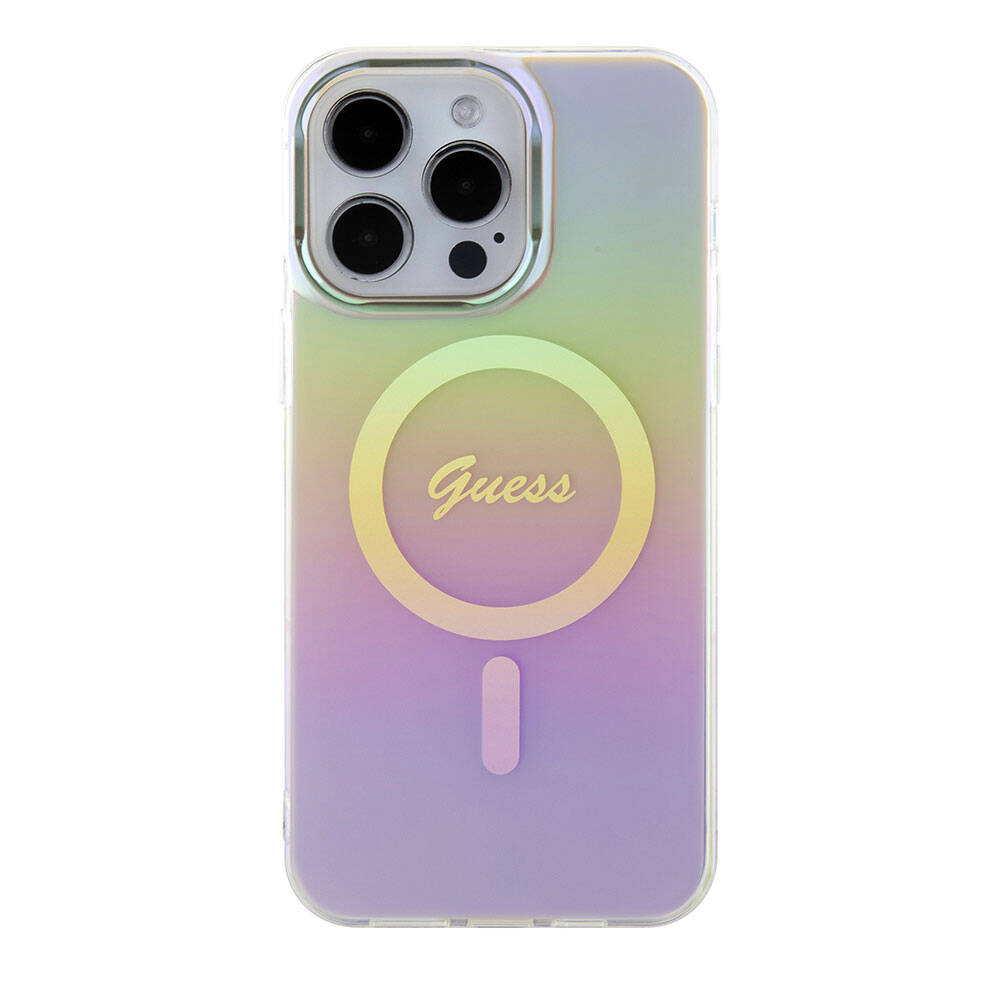Apple iPhone 15 Pro Max Case Guess Original Licensed M-safe Charging Feature Iridescent Cover Turquoise with Text Logo