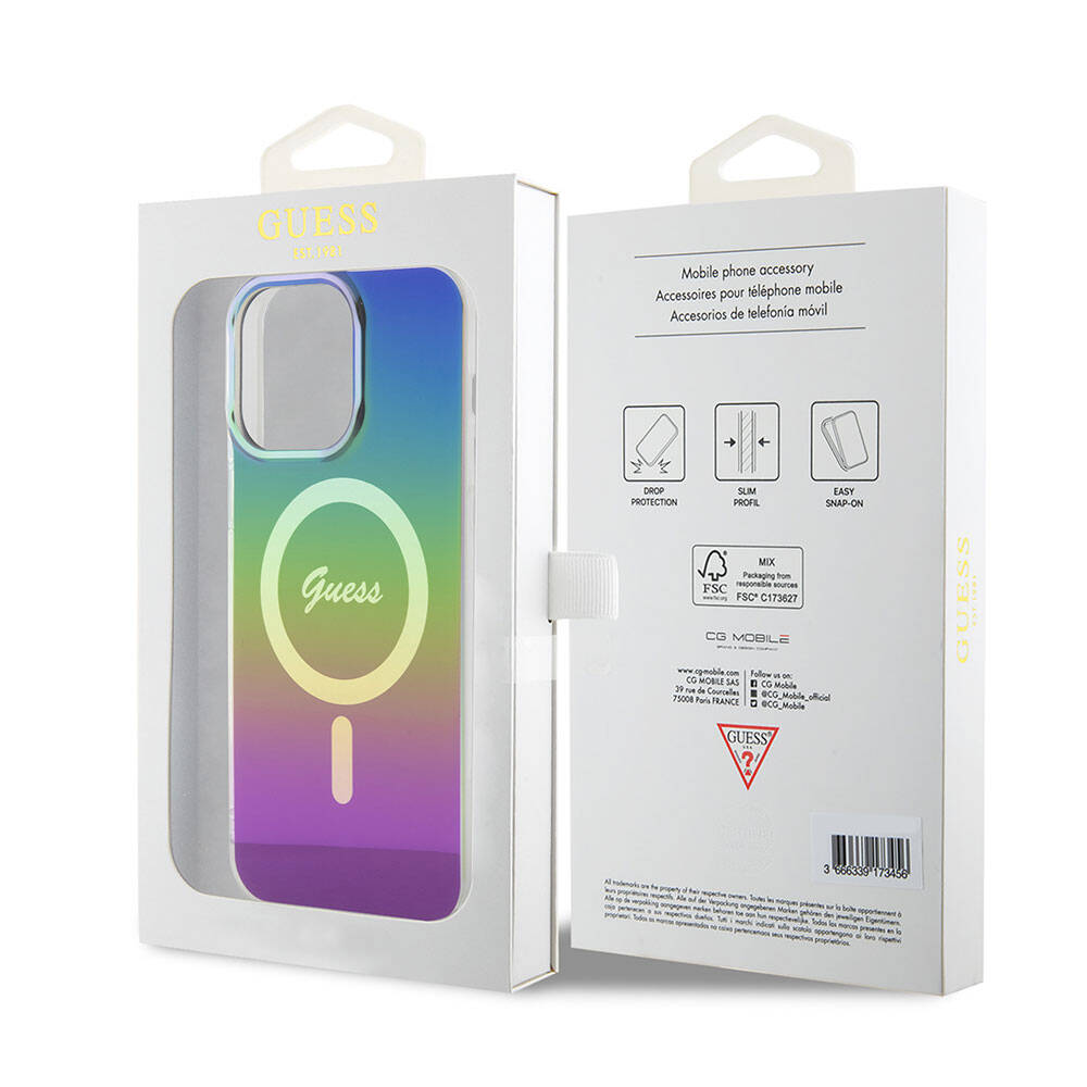 Apple iPhone 15 Pro Max Case Guess Original Licensed M-safe Charging Feature Iridescent Cover Purple with Text Logo
