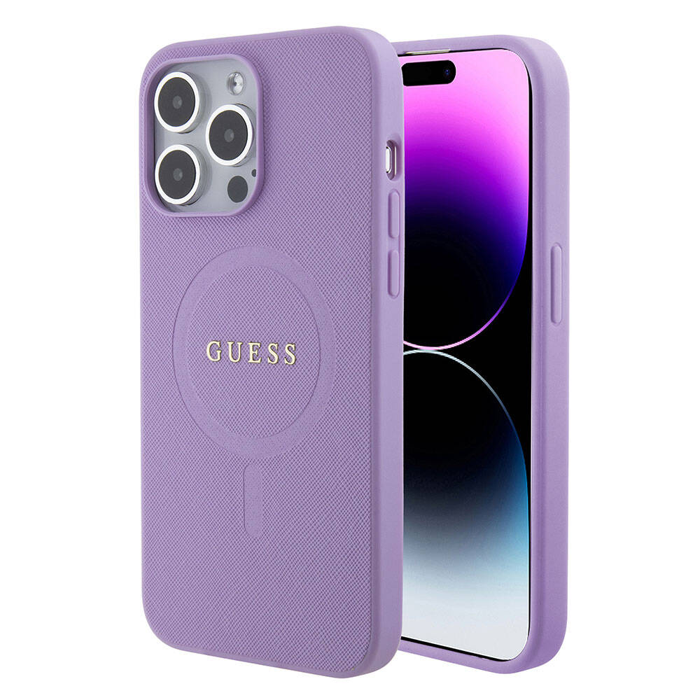 Apple iPhone 15 Pro Max Case Guess Original Licensed M-safe Charging Feature Saffiano Cover Pink with Text Logo