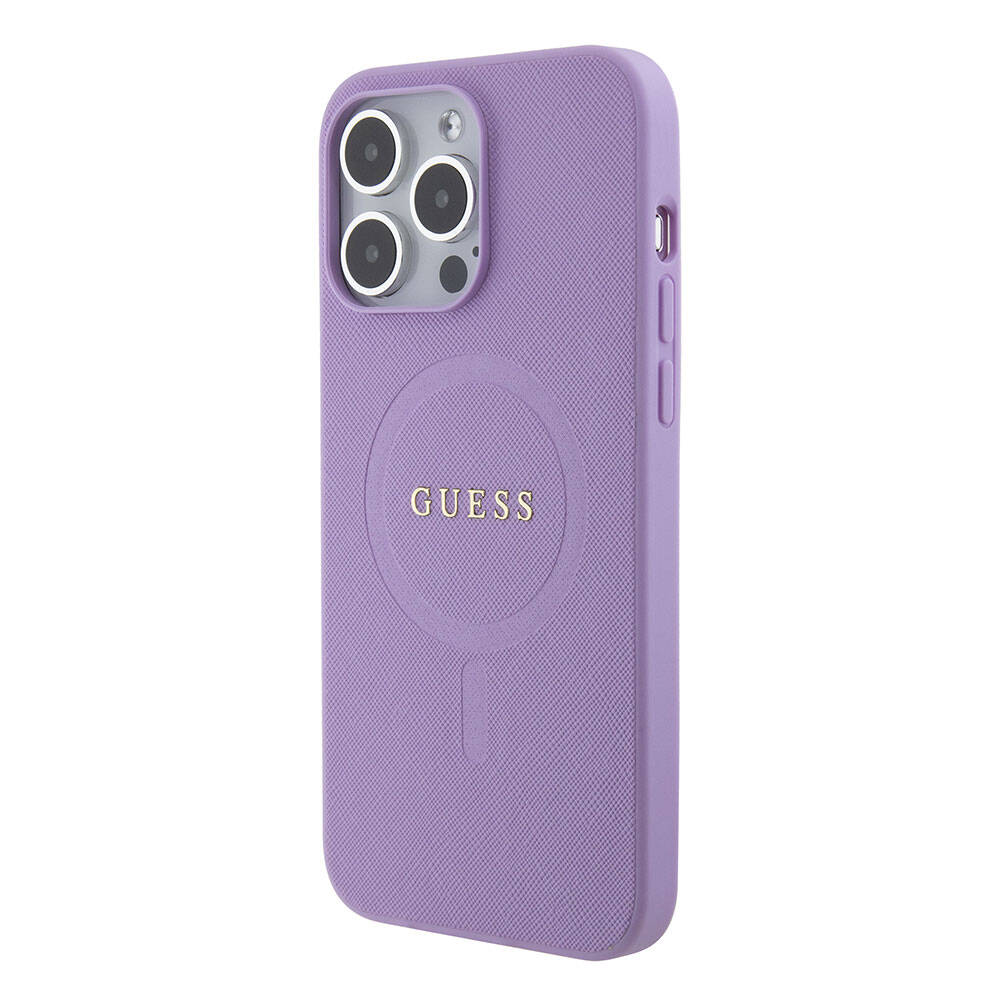 Apple iPhone 15 Pro Max Case Guess Original Licensed M-safe Charging Feature Saffiano Cover Pink with Text Logo