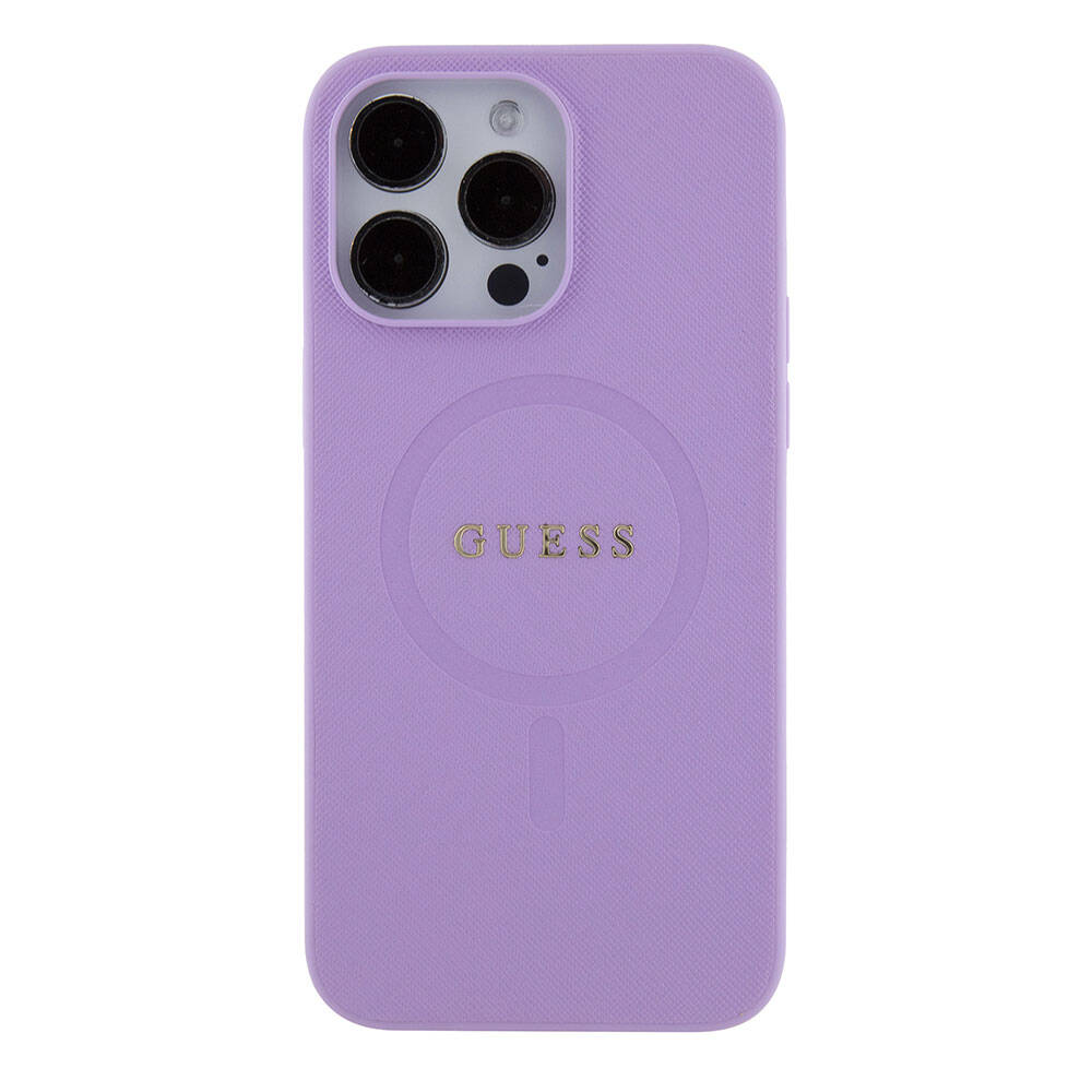Apple iPhone 15 Pro Max Case Guess Original Licensed M-safe Charging Feature Saffiano Cover Pink with Text Logo