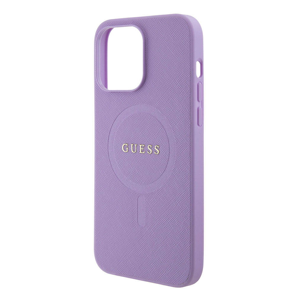 Apple iPhone 15 Pro Max Case Guess Original Licensed M-safe Charging Feature Saffiano Cover Pink with Text Logo