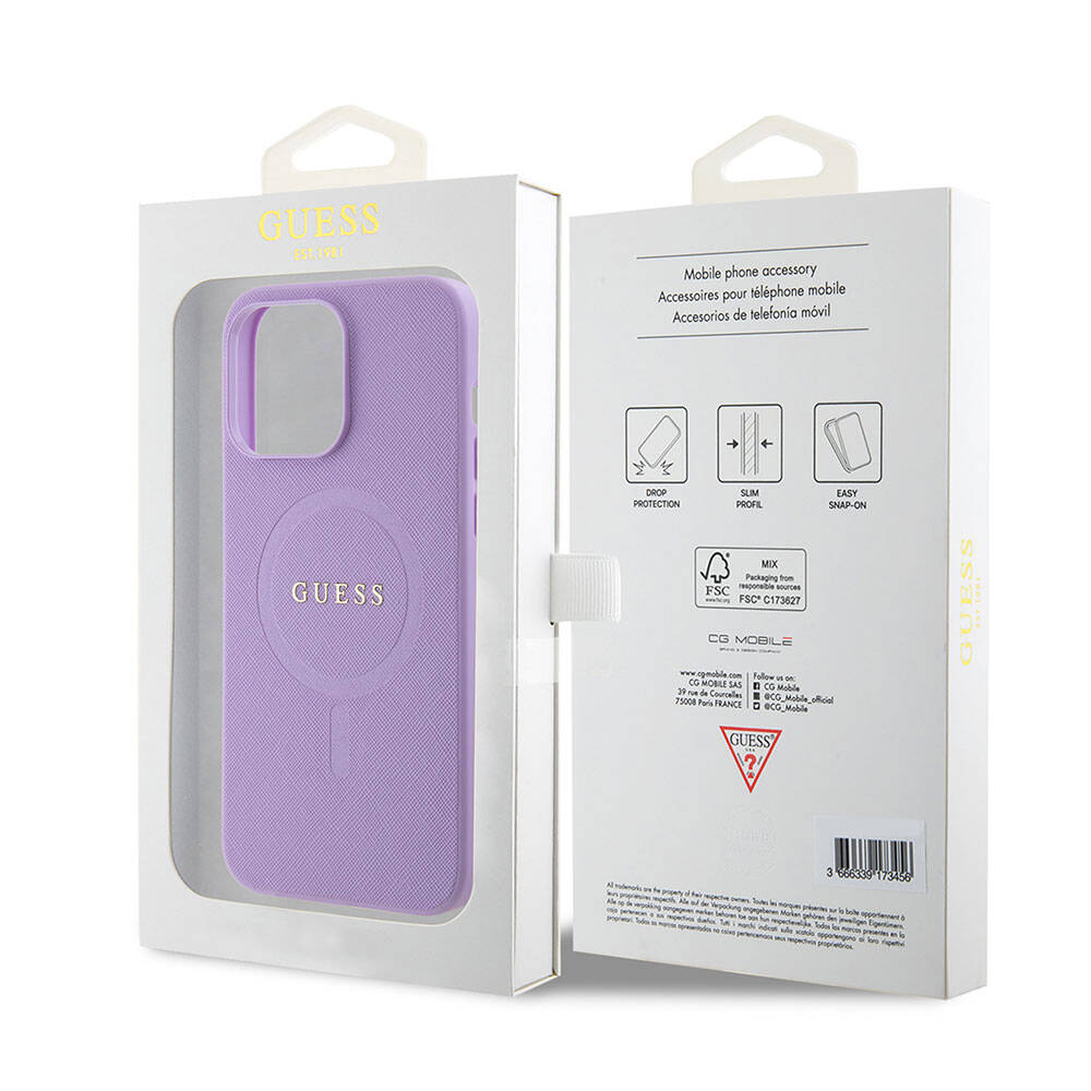 Apple iPhone 15 Pro Max Case Guess Original Licensed M-safe Charging Feature Saffiano Cover Pink with Text Logo