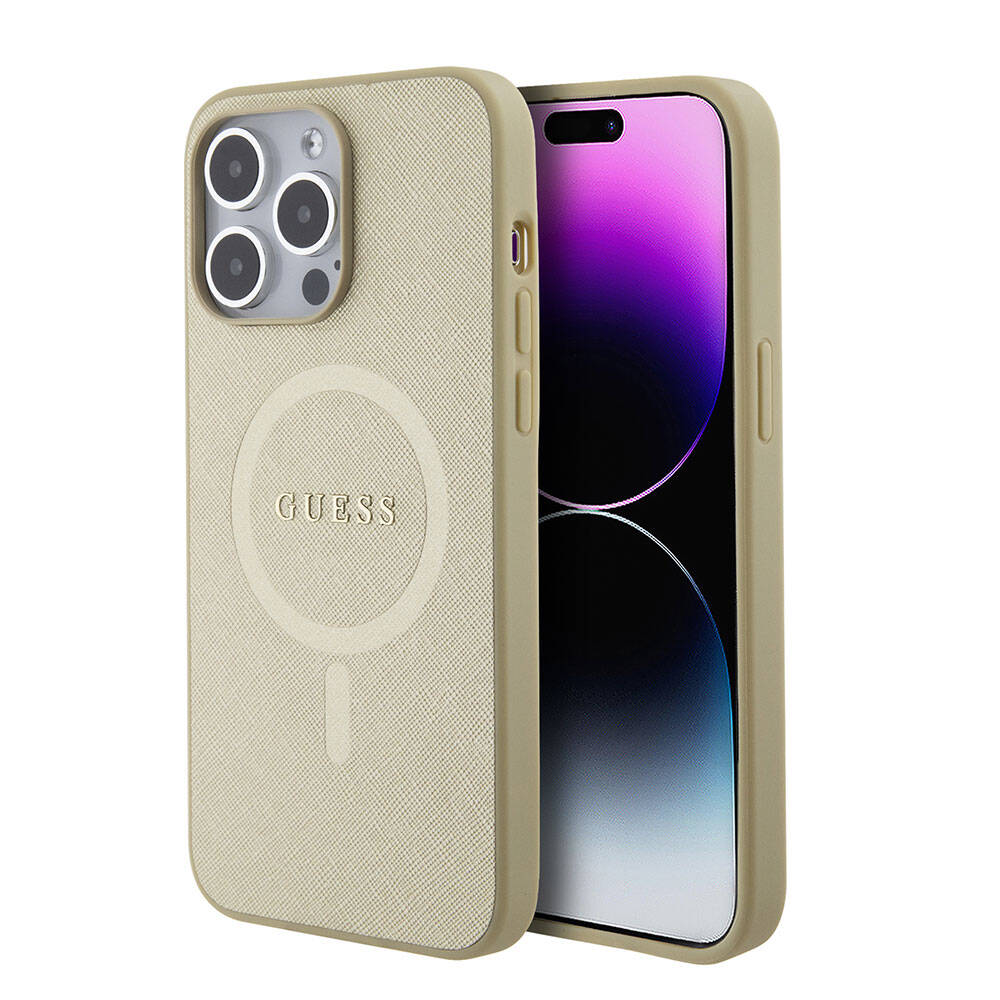 Apple iPhone 15 Pro Max Case Guess Original Licensed M-safe Charging Feature Saffiano Cover Pink with Text Logo