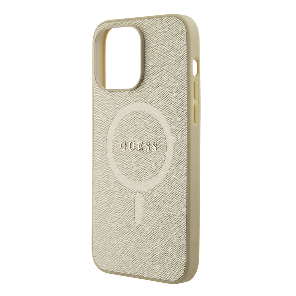 Apple iPhone 15 Pro Max Case Guess Original Licensed M-safe Charging Feature Saffiano Cover Pink with Text Logo