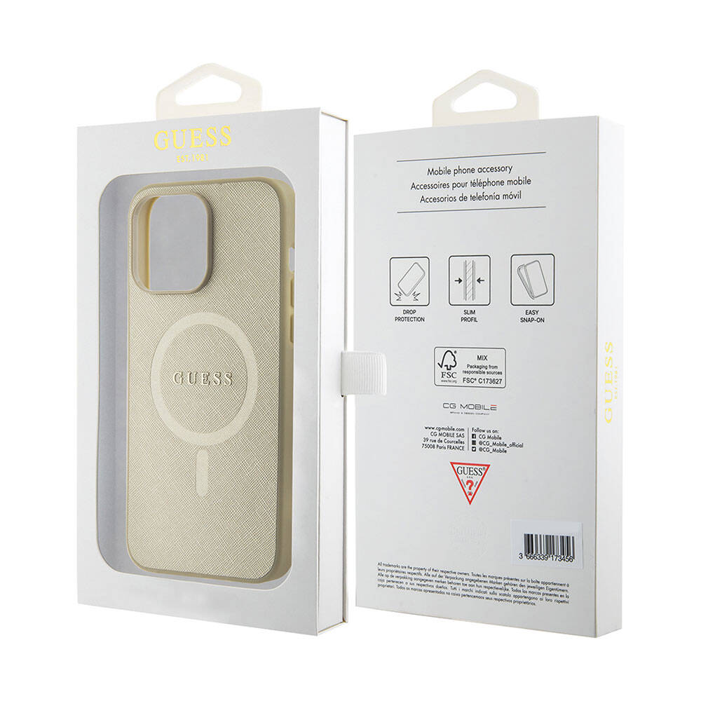 Apple iPhone 15 Pro Max Case Guess Original Licensed M-safe Charging Feature Saffiano Cover Pink with Text Logo