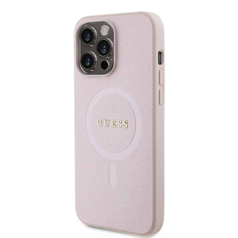 Apple iPhone 15 Pro Max Case Guess Original Licensed M-safe Charging Feature Saffiano Cover Pink with Text Logo
