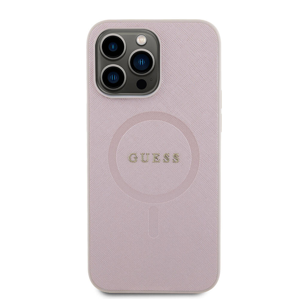 Apple iPhone 15 Pro Max Case Guess Original Licensed M-safe Charging Feature Saffiano Cover Pink with Text Logo