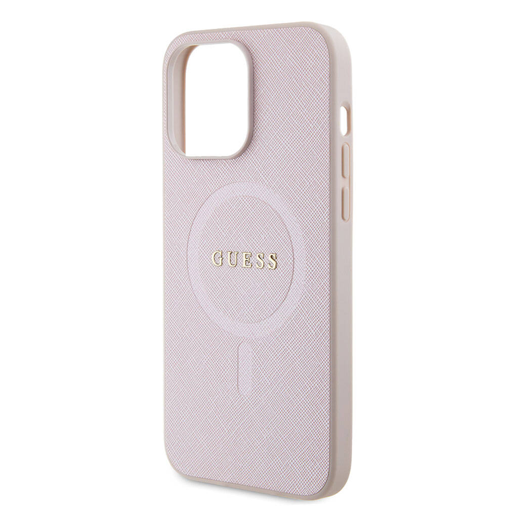 Apple iPhone 15 Pro Max Case Guess Original Licensed M-safe Charging Feature Saffiano Cover Pink with Text Logo