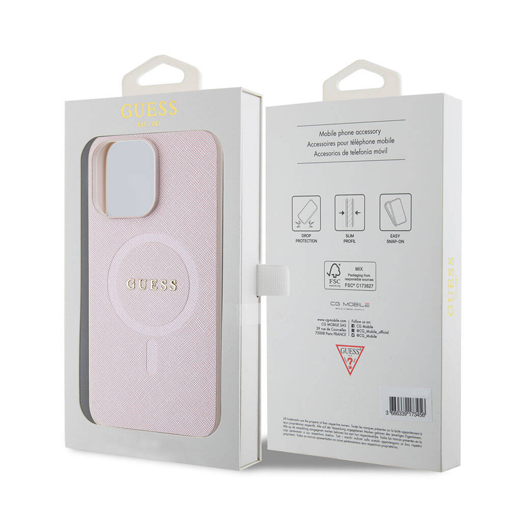 Apple iPhone 15 Pro Max Case Guess Original Licensed M-safe Charging Feature Saffiano Cover Pink with Text Logo