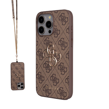 Apple iPhone 15 Pro Max Kılıf Guess Orjinal Lisanslı PU Deri 4G Büyük Metal Logolu Çapraz Vücut Askılı Kapak Siyah