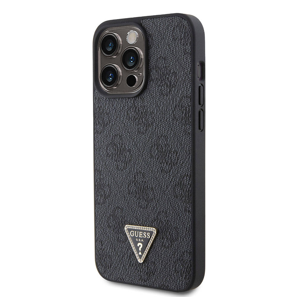 Apple iPhone 15 Pro Max Case Guess Original Licensed PU Leather Strap Stone Triangle Logo 4G Patterned Strass Crossbody Cover Brown