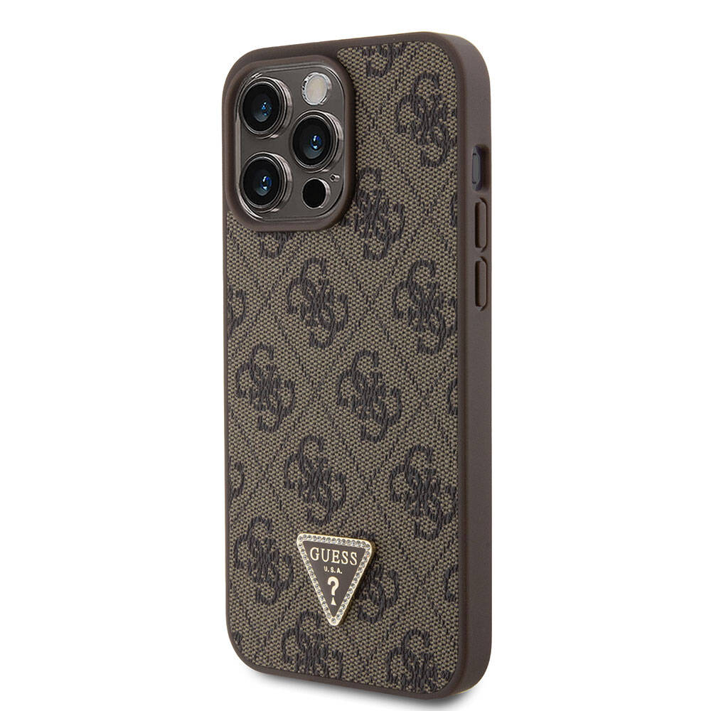 Apple iPhone 15 Pro Max Case Guess Original Licensed PU Leather Strap Stone Triangle Logo 4G Patterned Strass Crossbody Cover Brown