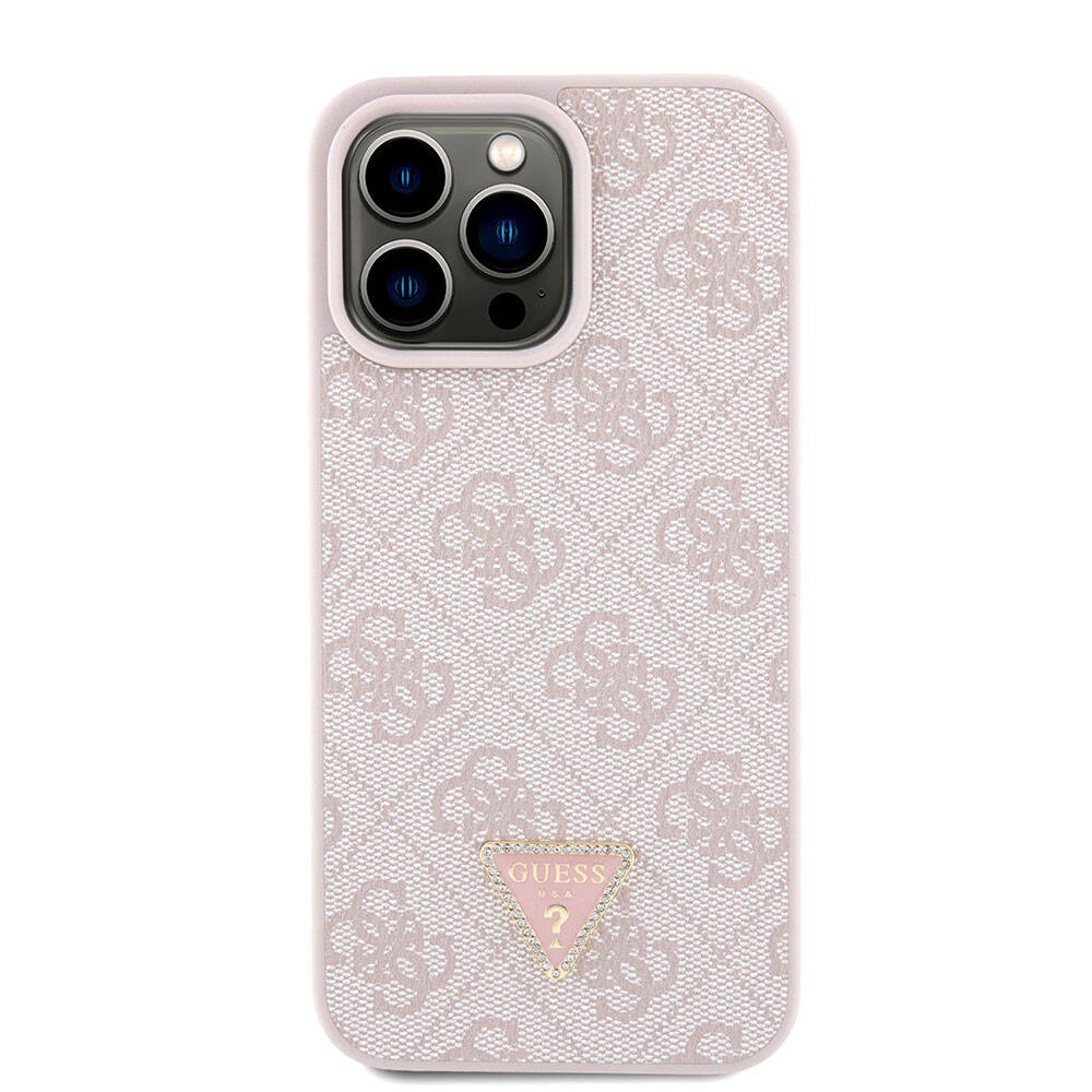Apple iPhone 15 Pro Max Case Guess Original Licensed PU Leather Strap Stone Triangle Logo 4G Patterned Strass Crossbody Cover Brown