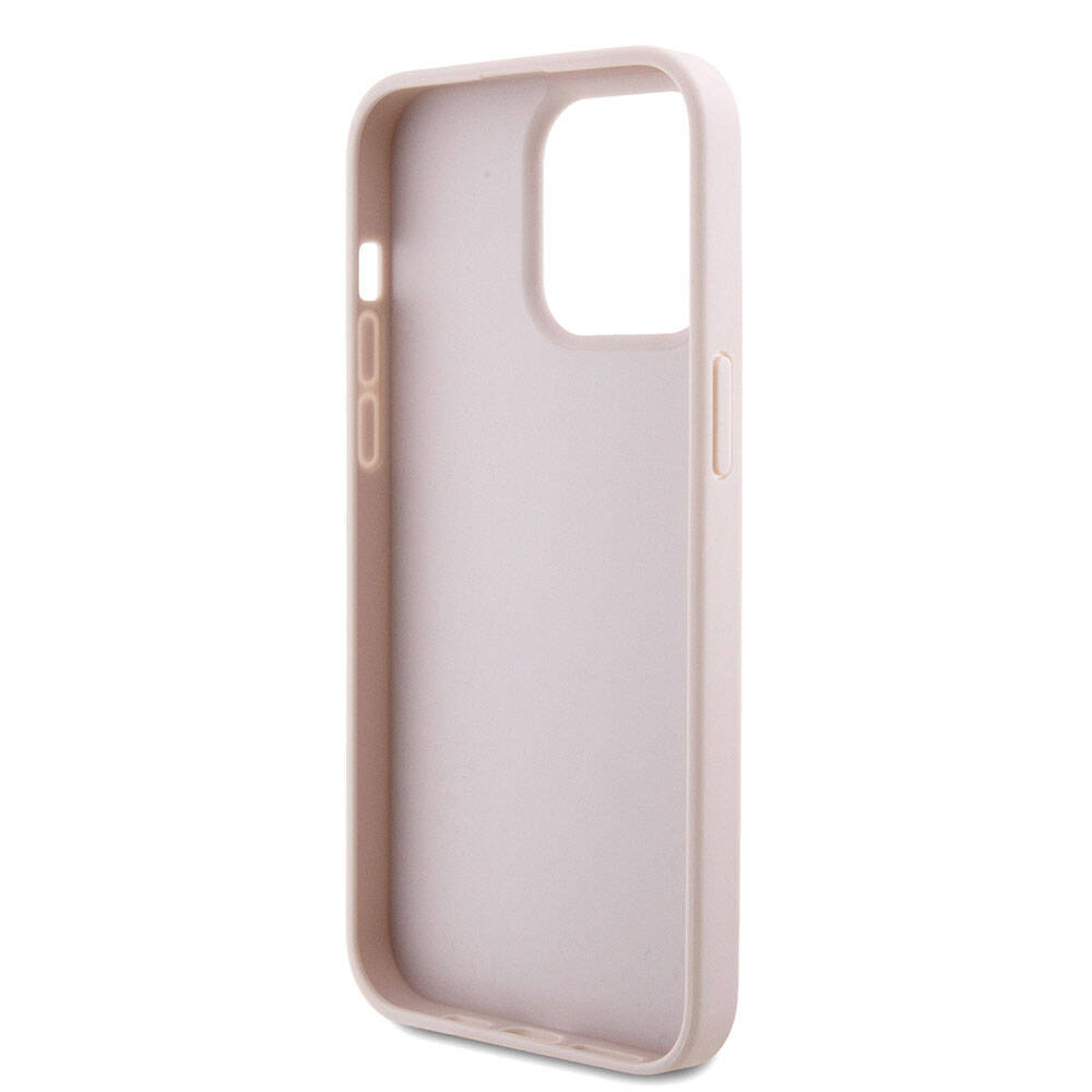 Apple iPhone 15 Pro Max Case Guess Original Licensed PU Leather Strap Stone Triangle Logo 4G Patterned Strass Crossbody Cover Pink