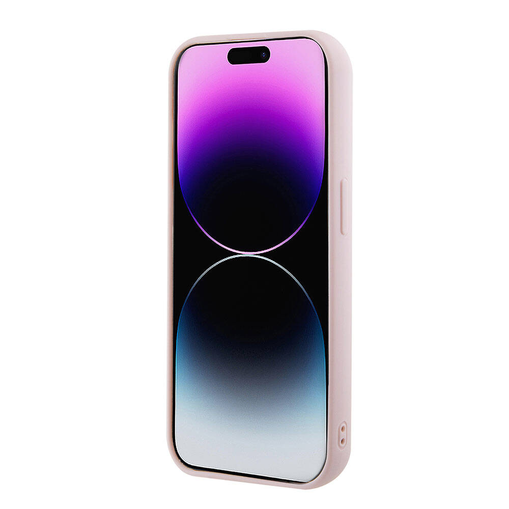 Apple iPhone 15 Pro Max Kılıf Guess Orjinal Lisanslı PU Deri Metal Yazı Logolu Kapitone Kapak Pembe