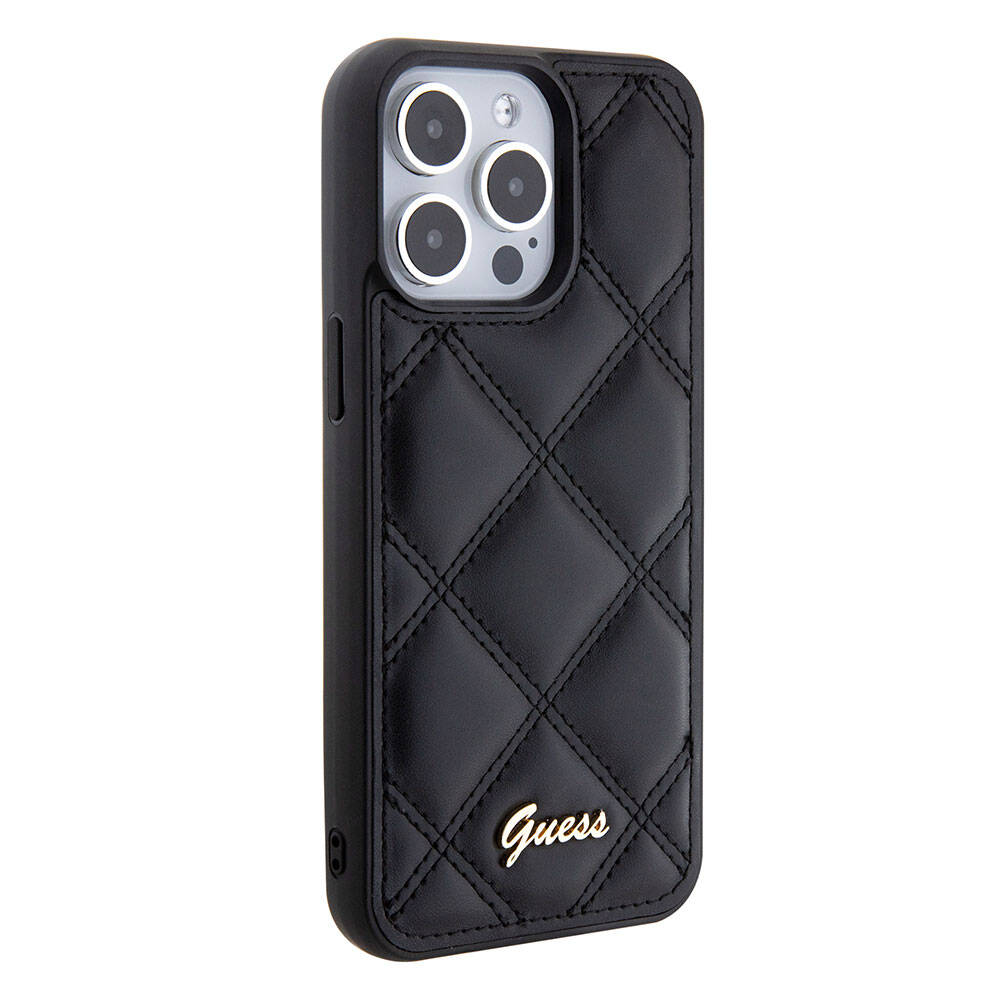 Apple iPhone 15 Pro Max Case Guess Original Licensed PU Leather Metal Lettering Logo Quilted Cover Black