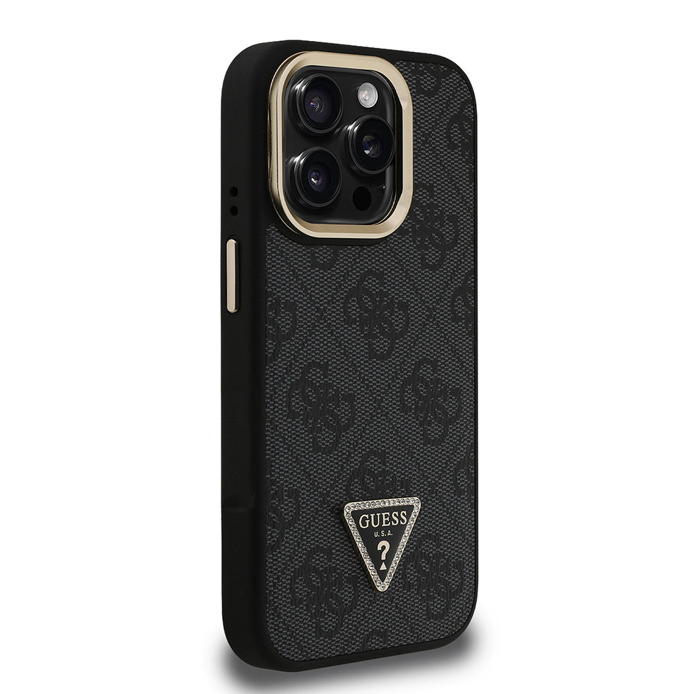 Apple iPhone 15 Pro Max Case Guess Original Licensed PU Leather Stone Triangle Logo 4G Patterned Camera Stand Cover Brown