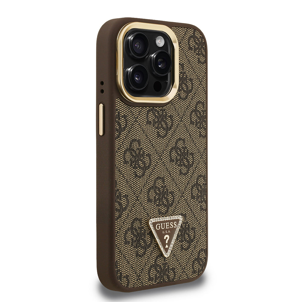 Apple iPhone 15 Pro Max Case Guess Original Licensed PU Leather Stone Triangle Logo 4G Patterned Camera Stand Cover Brown