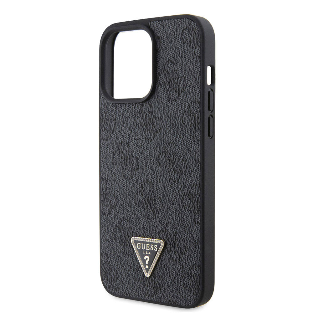 Apple iPhone 15 Pro Max Case Guess Original Licensed PU Leather Stone Triangle Logo 4G Patterned Strass Cover Pink