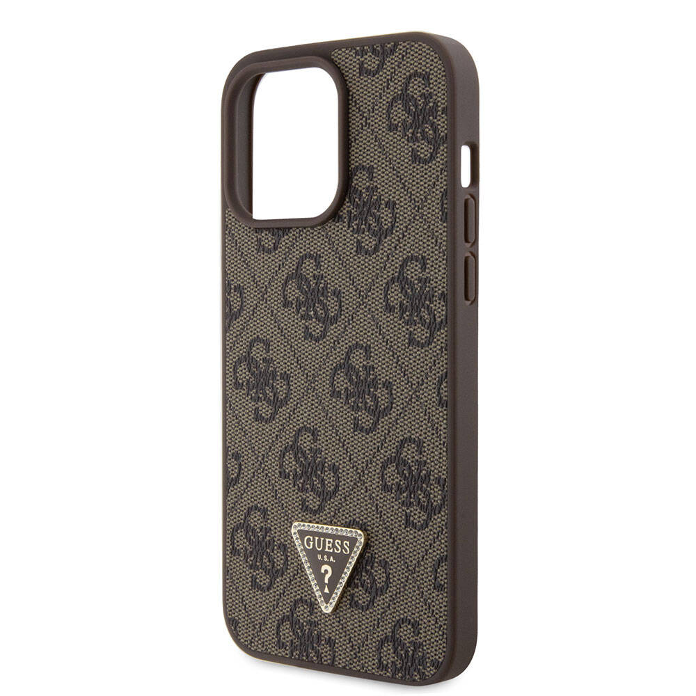 Apple iPhone 15 Pro Max Case Guess Original Licensed PU Leather Stone Triangle Logo 4G Patterned Strass Cover Pink
