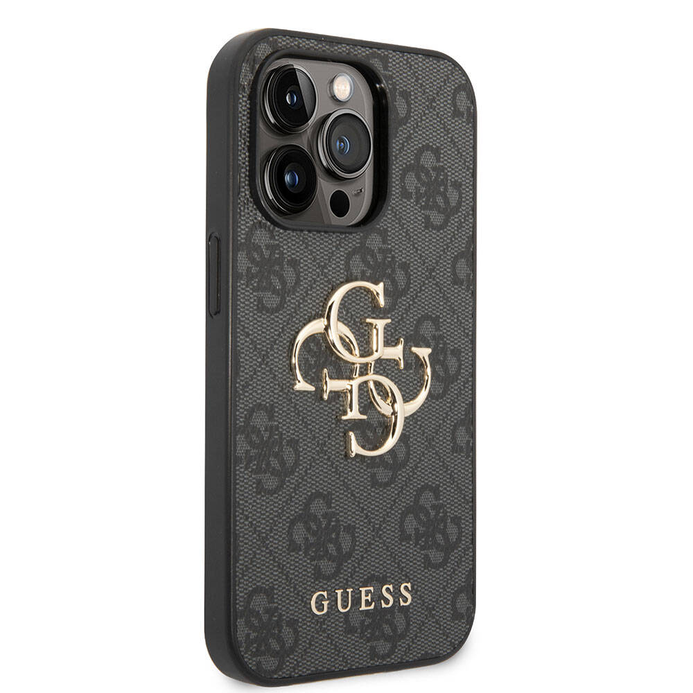 Apple iPhone 15 Pro Max Case Guess Original Licensed PU Leather Cover with Text and 4G Metal Logo Pattern Gray
