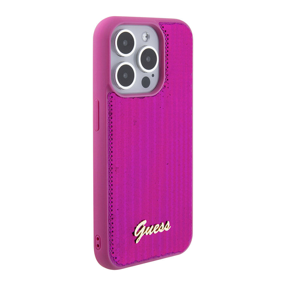 Apple iPhone 15 Pro Max Case Guess Original Licensed Sequin Back Surface Metal Lettering Logo Sequin Script Cover Pink