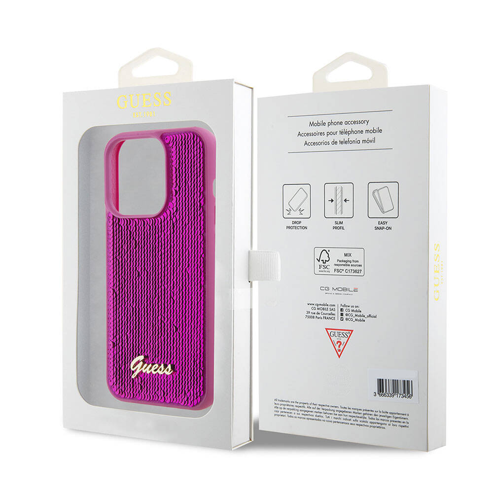 Apple iPhone 15 Pro Max Case Guess Original Licensed Sequin Back Surface Metal Lettering Logo Sequin Script Cover Pink