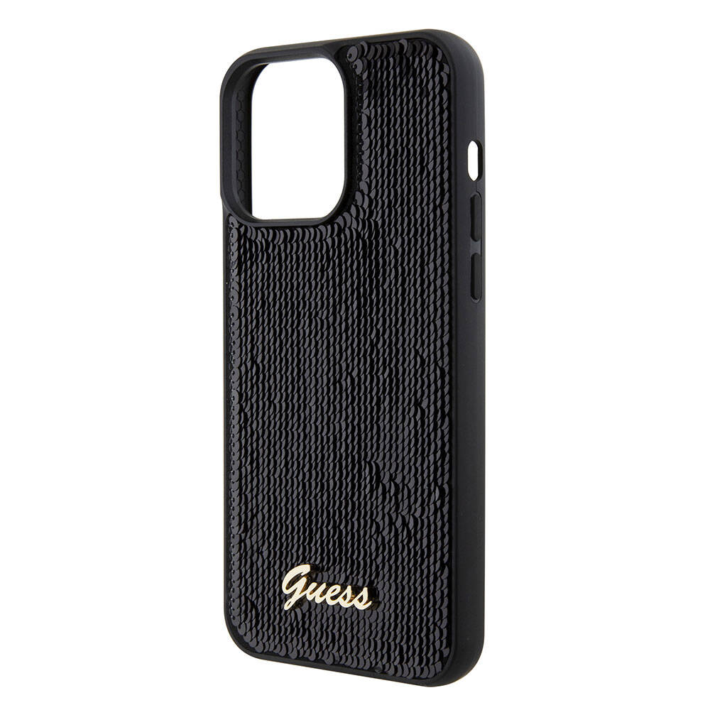 Apple iPhone 15 Pro Max Case Guess Original Licensed Sequin Back Surface Metal Lettering Logo Sequin Script Cover Silver