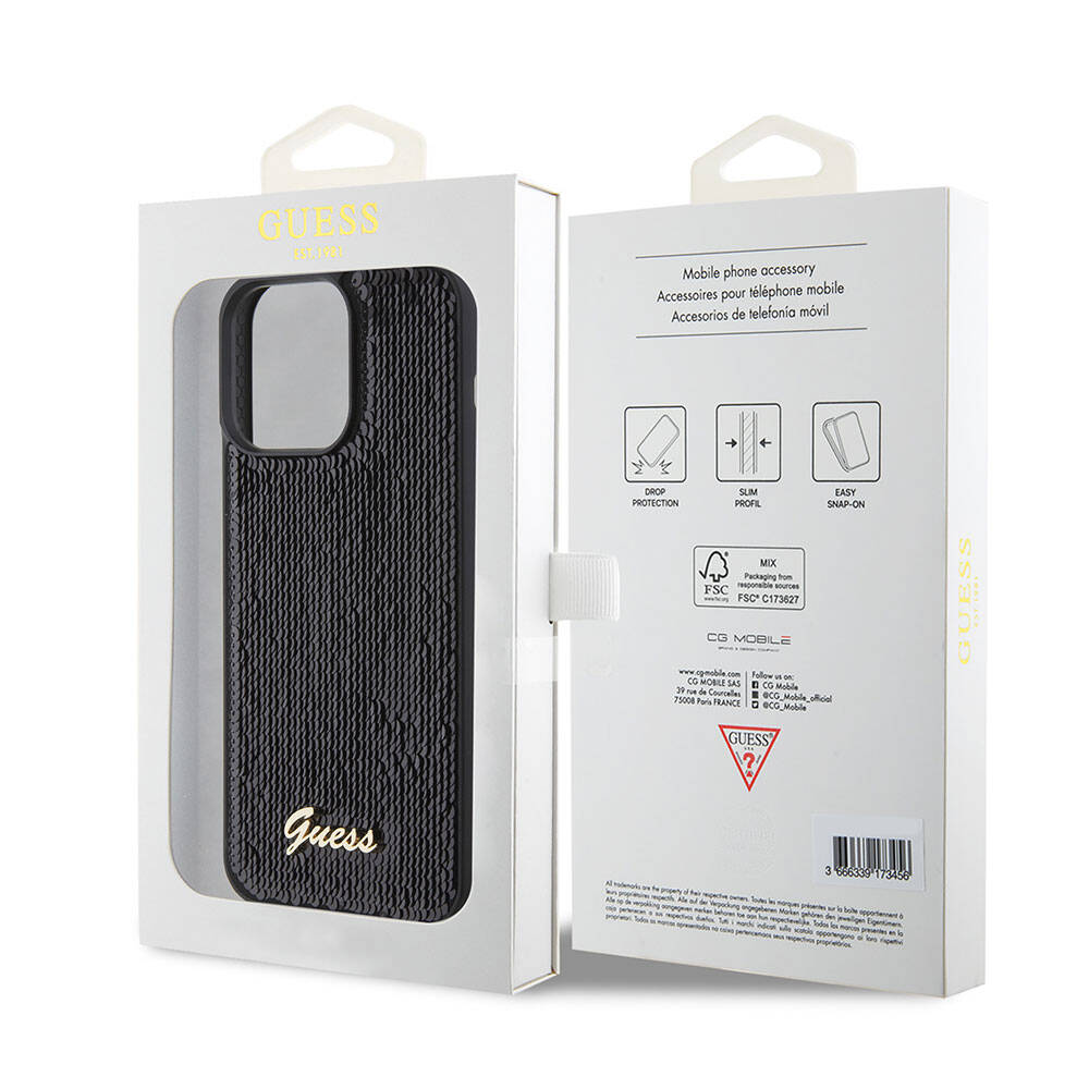 Apple iPhone 15 Pro Max Case Guess Original Licensed Sequin Back Surface Metal Lettering Logo Sequin Script Cover Black