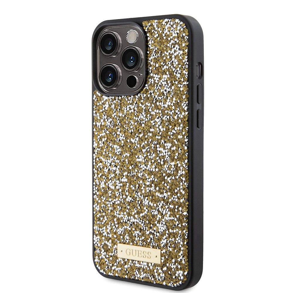 Apple iPhone 15 Pro Max Case Guess Original Licensed Stone Back Surface Metal Text Logo Cover Black