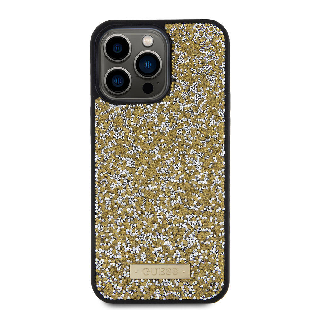 Apple iPhone 15 Pro Max Case Guess Original Licensed Stone Back Surface Metal Text Logo Cover Silver