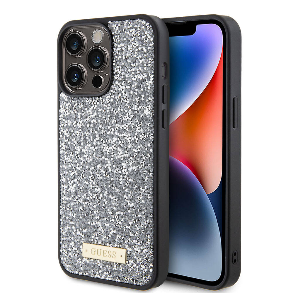 Apple iPhone 15 Pro Max Case Guess Original Licensed Stone Back Surface Metal Text Logo Cover Silver