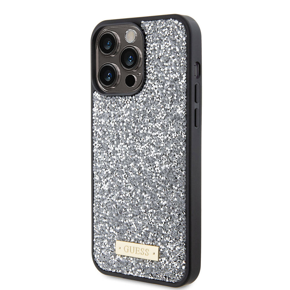 Apple iPhone 15 Pro Max Case Guess Original Licensed Stone Back Surface Metal Text Logo Cover Silver