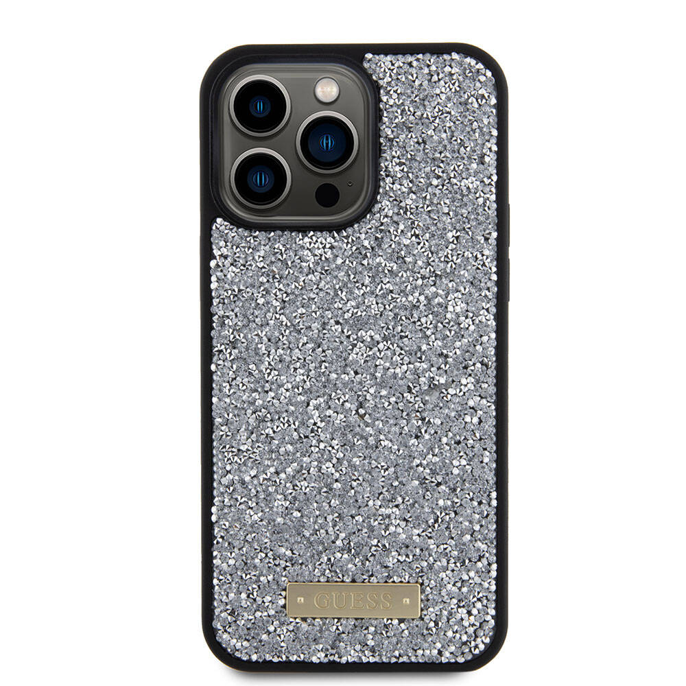 Apple iPhone 15 Pro Max Case Guess Original Licensed Stone Back Surface Metal Text Logo Cover Silver